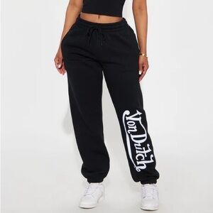 Von Dutch Black Jogger Pants with White Logo Leg Print